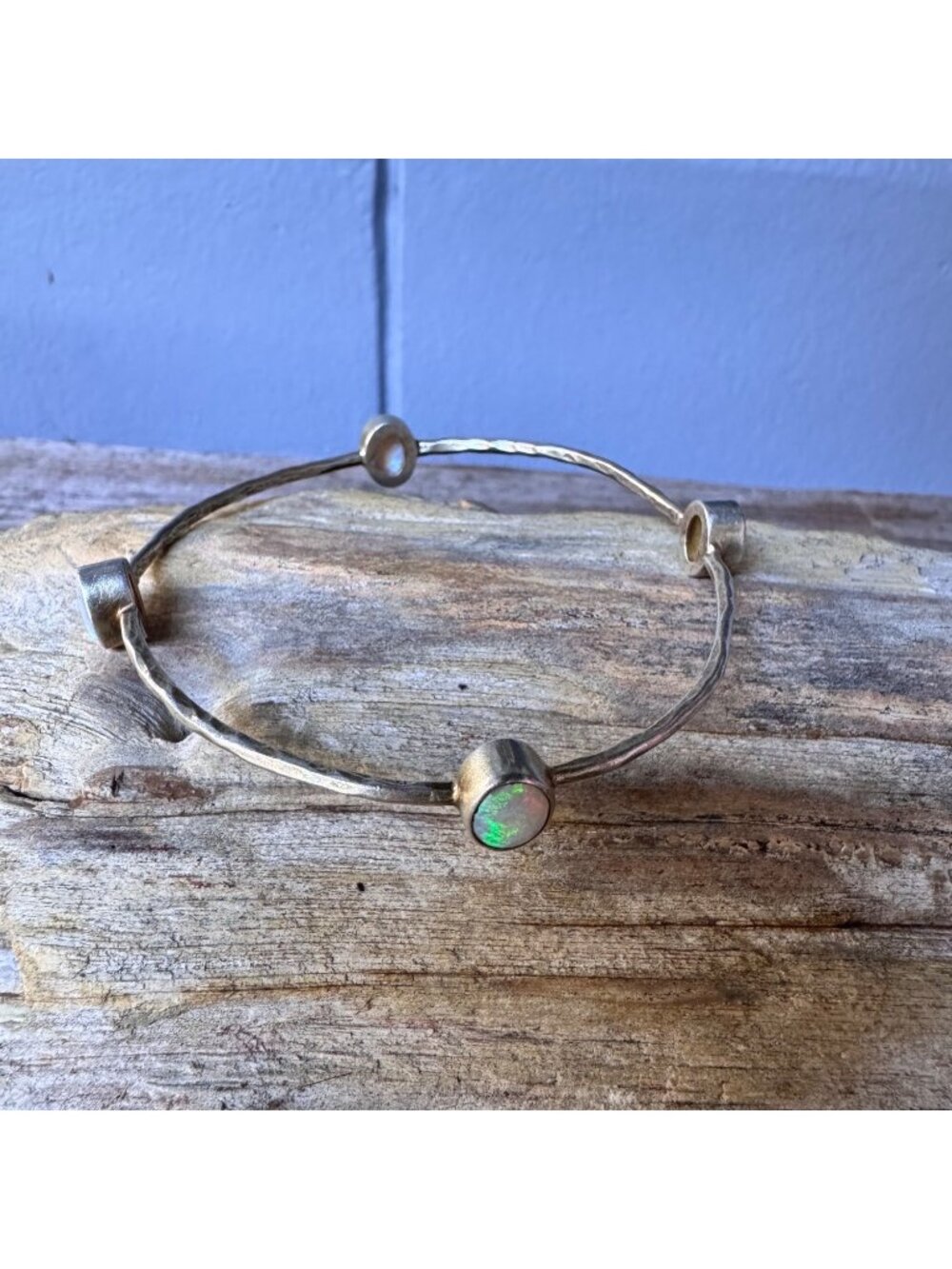 Sterling Silver Blue Opal Hammered Cuff Bracelet Open Bangle Minimalist